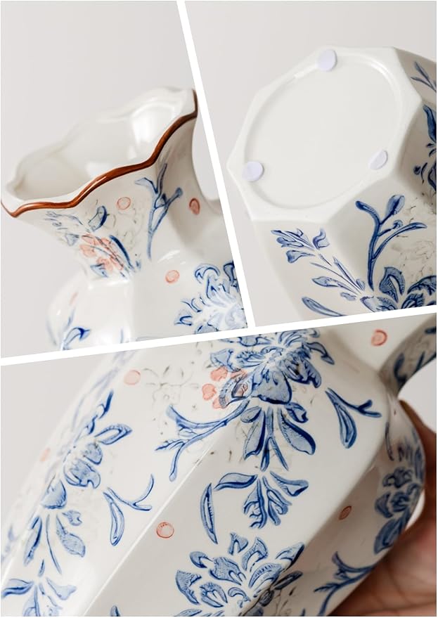 Blue and White Vase, Vintage Blue Ceramic Flower Vessel,Ceramic vases for Home Decor,Vintage Green and Beige for Console Table Mantle Chinoiserie Decor (Blue and White-02, Large)