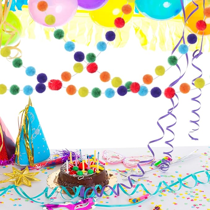 2 Pack Large Pom Poms Garland Hanging Decorations Colorful Soft Faux Rabbit Fur Ball Garland for Easter Xmas Holiday Wedding Baby Shower Birthday Party Supplies(Bright Color,2.36 Inch)