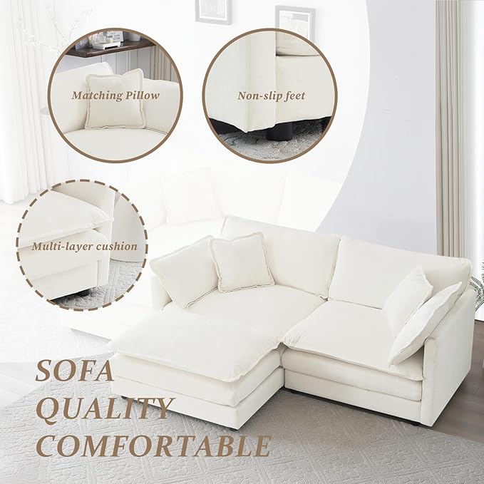 SoarFlash Chenille Sectional Sofa, Comfy L Shaped Modular Coush Sofa with Ottoman, Modern 2 Seat Couch Deep Seat Sofa Set for Living Room,White