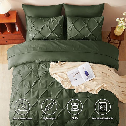 CozyLux California King Comforter Set Olive Green - 7 Pieces Cal King Pintuck Bed in A Bag Gift for Family, Pinch Pleat Bedding Sets with All Season Comforter, Sheets, Pillowcases & Shams