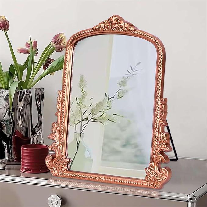 Rose Gold Makeup Mirror, Small Standing Vanity Mirror Decorative Ornate Arched Desk Mirror with Carved Wood Frame, for Bedrooms,Living Rooms Table Top and Salon 11.8" x 9.6"