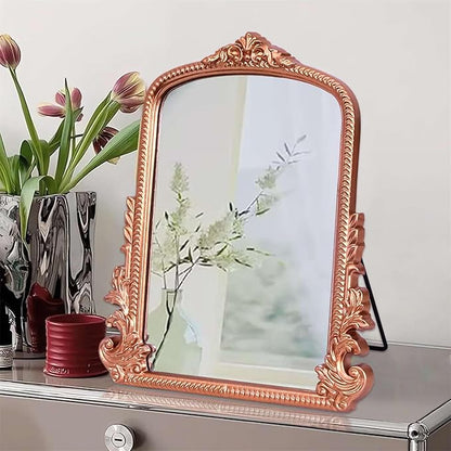 Rose Gold Makeup Mirror, Small Standing Vanity Mirror Decorative Ornate Arched Desk Mirror with Carved Wood Frame, for Bedrooms,Living Rooms Table Top and Salon 11.8" x 9.6"