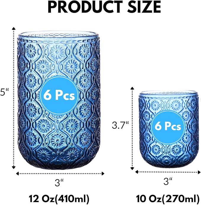 Blue Drinking Glasses Set of 12, 12 Oz Highball & 10 Oz Cocktail Glasses, Blue Kitchen Vintage Glassware Set, Floral Embossed Glass Tumbler Cups for Water, Beer, Juice, Whiskey, Coffee