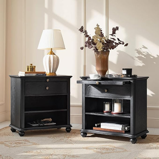 HULALA HOME Wooden Nightstand with Pull-Out Shelf, Mid Century Modern Nightstand with Solid Wood Drawers and Legs, Adjustable Storage Set of 2, Black