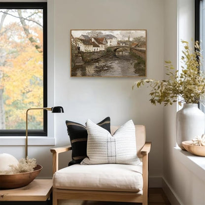 KBKBART Vintage Wall Art, Retro European Village Country Framed Canvas Art Prints Painting Farmhouse Decor, Rustic Impressionism Scenic Landscape Wall Decor for Bathroom, Bedroom Living Room, Vintage Wall Decor(16"x24")