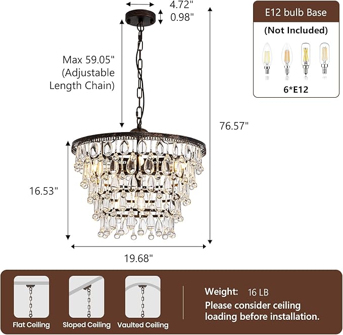 Vintage Crystal Chandeliers for Dining Room Light Fixture, 6-Light 5-Tier Antique Bronze Chandelier for Kitchen Island Bar Living Room Foyer Entryway, D20 xH17