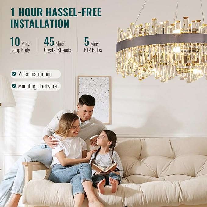 Siljoy 16-Light Modern Crystal Chandelier, Large Brushed Nickel Flush Mount Raindrop Chandelier Adjustable Height Hanging Ceiling Light Fixture for Dining Living Room Entryway Foyer 31.5 Inch