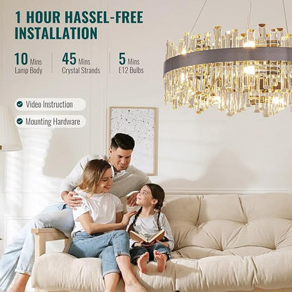 Siljoy 16-Light Modern Crystal Chandelier, Large Brushed Nickel Flush Mount Raindrop Chandelier Adjustable Height Hanging Ceiling Light Fixture for Dining Living Room Entryway Foyer 31.5 Inch