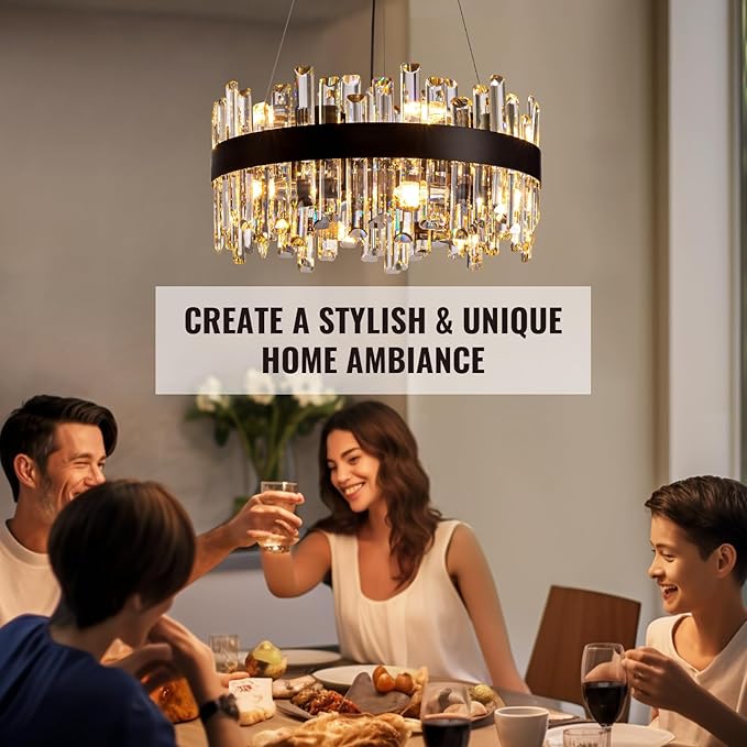 Siljoy Black Crystal Chandelier for Dining Room, Modern 2-Tiers K9 Crystal Raindrop Chandelier 12 Lights Dimmable Farmhouse Pendant Ceiling Light for Living Room Kitchen Island Entry Foyer D19.7''