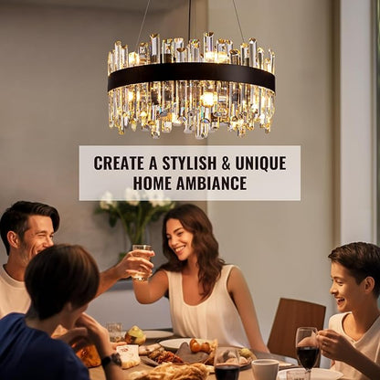 Siljoy Black Crystal Chandelier for Dining Room, Modern 2-Tiers K9 Crystal Raindrop Chandelier 12 Lights Dimmable Farmhouse Pendant Ceiling Light for Living Room Kitchen Island Entry Foyer D19.7''