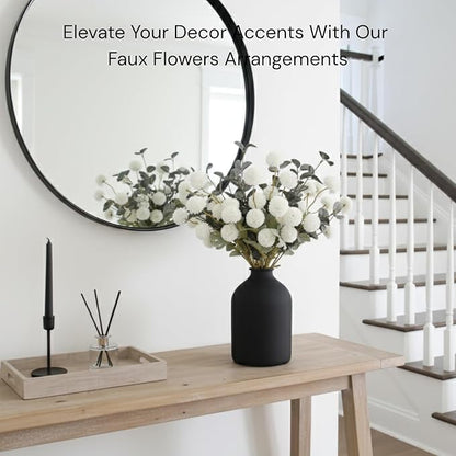 White Faux Flowers for Vase - Kiku 10 Stems & Eucalyptus, Fake Flowers Stems for Pottery Vase, Realistic Artificial Flowers, Pom Pom Balls for Aesthetic Room Decor, Floral Arrangements Centerpiece