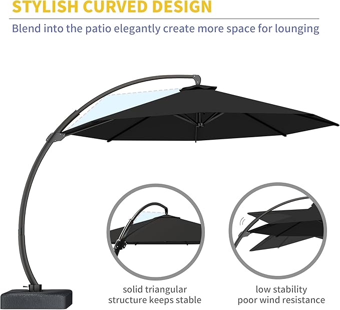 Kingdura 11ft Offset Cantilever Patio Umbrella with Base Included, Large Round Aluminum Outdoor Umbrella, 360° Rotation & Infinite Tilt, Heavy Duty Frame for Deck Pool Backyard, Black