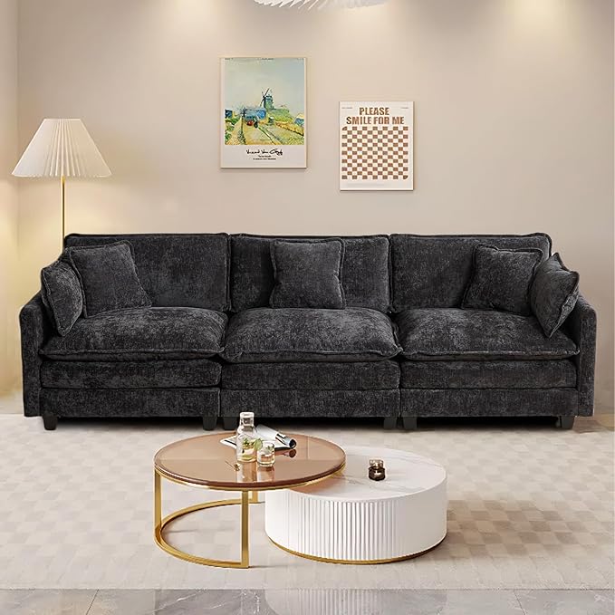 SoarFlash 107.4" Chenille Sectional Sofa, Comfy Modular Loveseat Sofa, Modern 3-Seat Couch Deep Seat Sofa Set for Living Room,Black