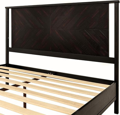 Bme Vivian 14 Inch Deluxe Bed Frame with Headboard, Rustic & Scandinavian Style with Solid Acacia Wood, No Box Spring Needed, 12 Strong Wood Slat Support, Easy Assembly, Queen, Rustic Black