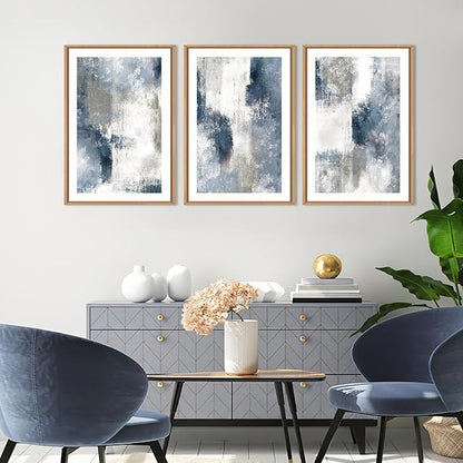 HOURIA Abstract Navy Blue Gray Framed Canvas Wall Art Set,Neutral White Brush Stroke Wall Decor,Minimalist Color Block Shapes Artwork,Modern Pastel Prints for Living Room,Bedroom,Farmhouse- 16"x24"x3