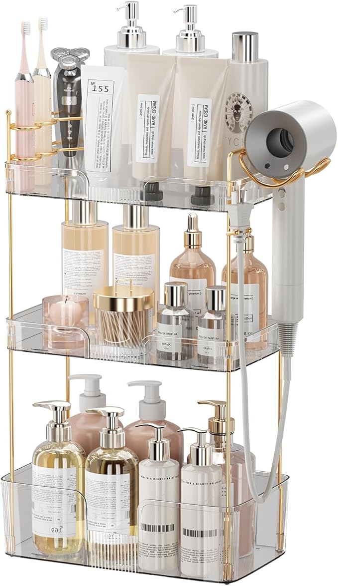 3 Tier Bathroom Organizer Countertop Makeup Perfume Skincare Organizer Comes with Hair Dryer Rack and Toothbrush Holder for Bathroom Dresser Vanity (White)