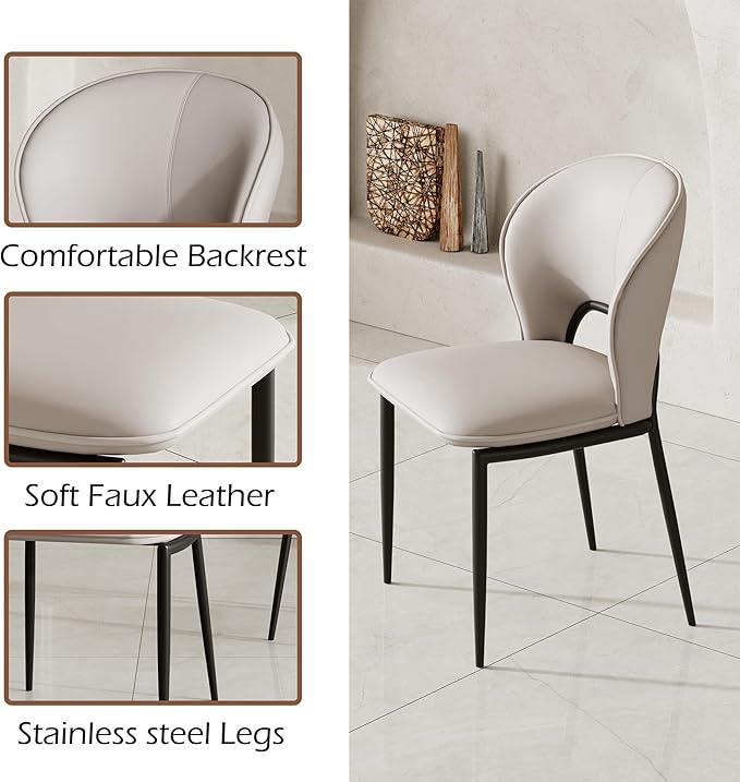 Modern Dining Chairs Set of 2,PU Leather Kitchen Chairs with Back,Kitchen Armless Side Chair Black Metal Legs for Living Room, Dinning Room Restaurant Grey