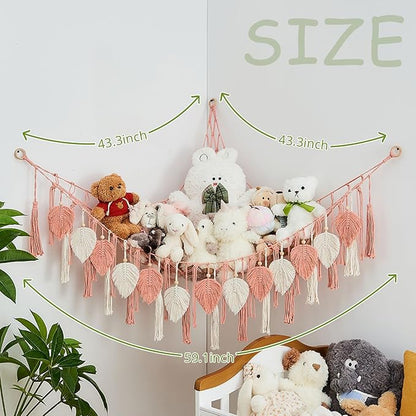 Pretty Jolly Stuffed Animal Storage with Hand Woven Leaf Tassels Hammock Corner Hanging Net Boho Macrame Storage for Kid Room Nursery Decor Corner Wall Display Organizer for Girls Gift(Leather Pink)