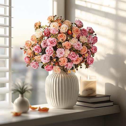 Artificial Flowers for Outdoor 4 Bundles Rose Bouquet with Daisy Faux Flowers UV Resistant for Home Indoor Outside Garden Porch Window Box Balcony Yard Porch Decor (Pink+Orange)