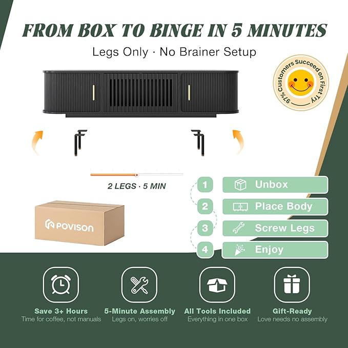 POVISON Fully-Assembled Mid Century Modern TV Stand for 65 inch TV, Sliding Door Entertainment Center with Storage, Wood TV Console, Media Console for Living Room Bedroom(Black, 70.87")