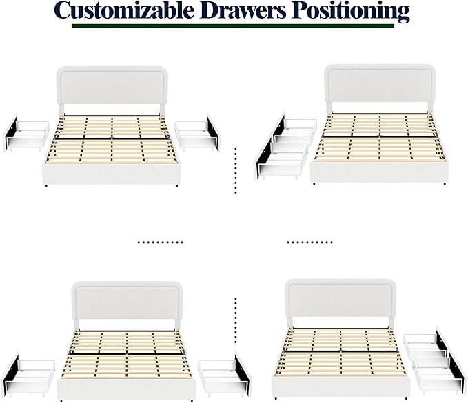 Queen Size Boucle Upholstered Platform Bed Frame, with 2 Drawers Storage, Curved Stitched Tufted Headboard, Wooden Slat Mattress Support, Noise Free, Easy Assembly, No Box Spring Needed, Ivory