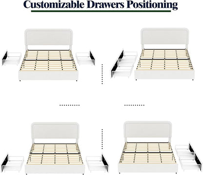 Queen Size Boucle Upholstered Platform Bed Frame, with 2 Drawers Storage, Curved Stitched Tufted Headboard, Wooden Slat Mattress Support, Noise Free, Easy Assembly, No Box Spring Needed, Ivory