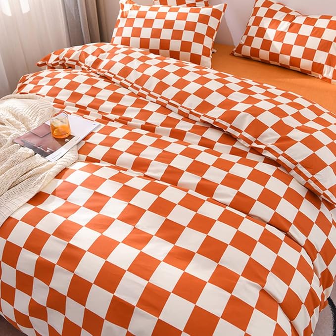 CLOTHKNOW Rust Beige Plaid California King Comforter Set Checker Bedding Comforter Sets Geometric Buffalo Comforter with 2 x Pillow Cases