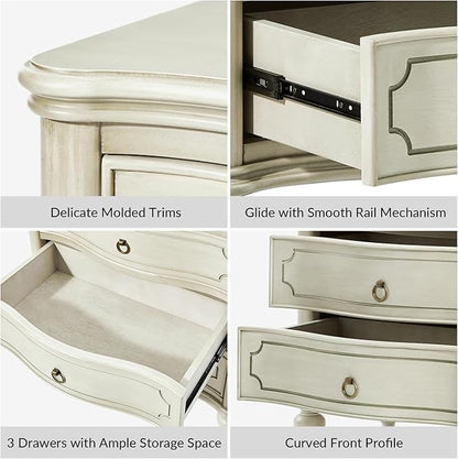 HULALA HOME Wood Nightstand with Charging Station, 3 Drawer Traditional Nightstands, End Table with Solid Wood Legs for Bedroom, USB Ports & Three-Prong Plugs, White