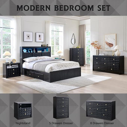 Modern 8 Drawer Dresser for Bedroom, Wooden Large Dressers &Chests of Drawers w/Two Different Drawer Sizes, Mid Century Modern Dresser w/Diamond Panel Decorate for Bedroom, Curved Profile Design,Black