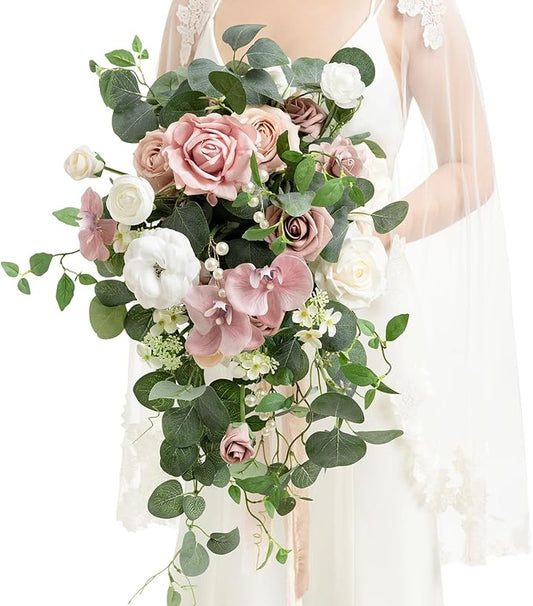 Ling's Moment Pink Bridal Bouquet for Bride, Dusty Rose Wedding Bouquets for Bride, 15 Inch Wedding Artificial Flowers