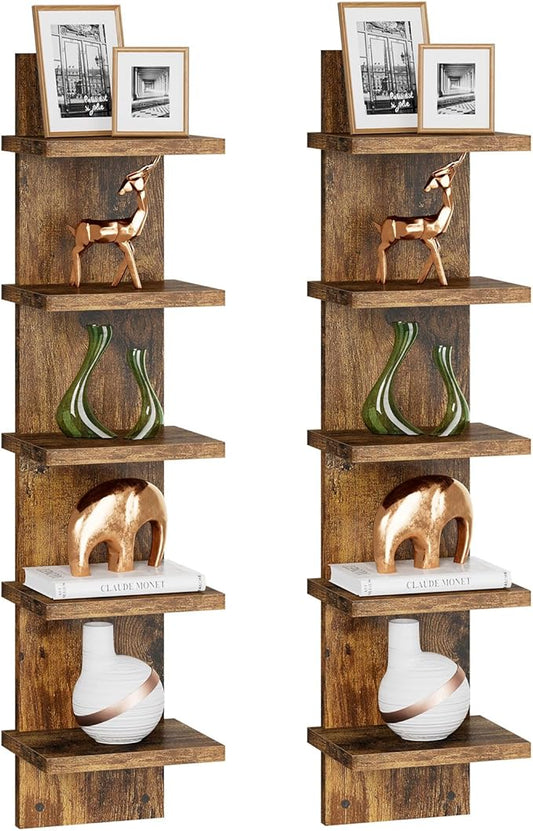 IBUYKE 5 Tier Wall Shelf Unit,Brown Vertical Shelf,Decorative Wall Mount Vertical Shelving for Home, Bedroom,Living Room,Office Decor WBC009H-2