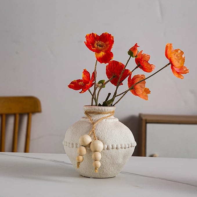 Rustic Ceramic Vase with Boho Wooden Beads, Matte Decorative Pottery for Modern Farmhouse and Bohemian Decor, Floral Arrangements, Bedroom, Shelf, or Side Table Accents
