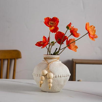 Rustic Ceramic Vase with Boho Wooden Beads, Matte Decorative Pottery for Modern Farmhouse and Bohemian Decor, Floral Arrangements, Bedroom, Shelf, or Side Table Accents