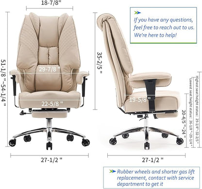 Big and Tall Office Chair 400lbs Wide Seat, Leather High Back Executive Office Chair with Foot Rest, Ergonomic Chairs Lumbar Support for Lower Back Pain Relief (Beige)