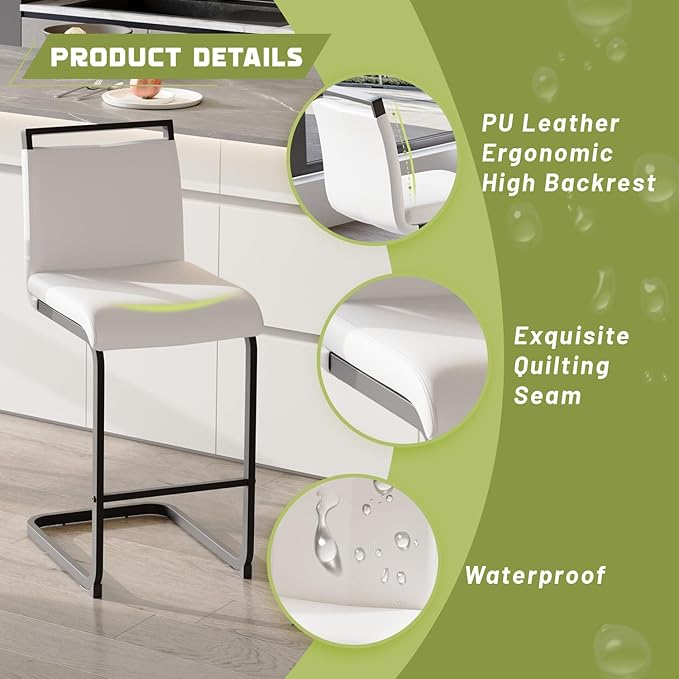 Bar Stools Set of 4,25" Counter Height Bar Stools with Footrest,White Faux Leather Kitchen Stools with Black Painted Metal Leg,White Bar Stools Ideal for Island Pub Kitchen Counter Dining Chair