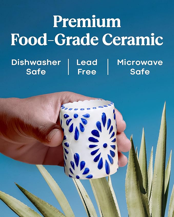 Talavera Shot Glasses 100% Handmade Ceramic Shot Glasses Mexican Pottery Design Perfect Gifts for Women & Men, BLUE