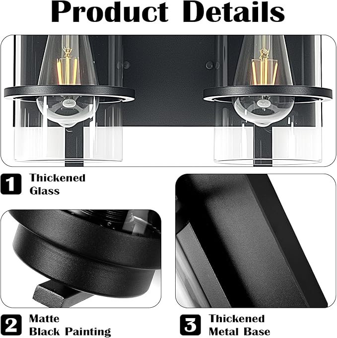 Bathroom Vanity Light Fixtures,2 Light Bathroom Vanity Lights,Black Farmhouse Sconce Over Mirror(Bulbs not Included)