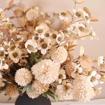 Beige Silk Flower Arrangements For Home Decor, Large Floral Centerpieces For Tables, Fake Mums + Eucalyptus + Wild Flowers in Bulk, Long Stem Artificial Flowers, Faux Mums Flowers