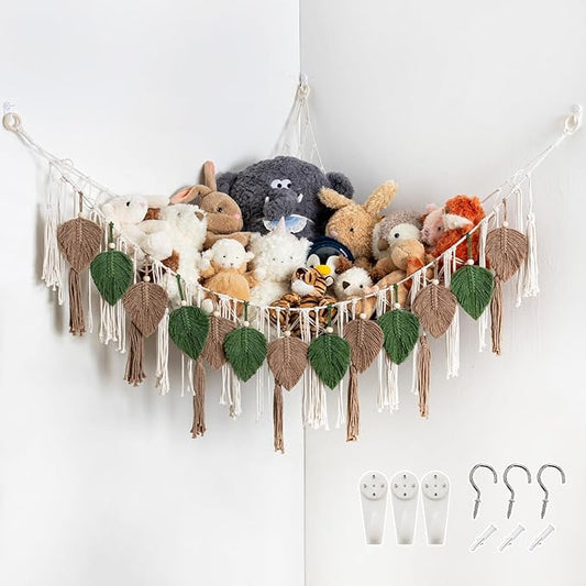 Pretty Jolly Stuffed Animal Storage with Hand Woven Leaf Tassels Hammock Corner Hanging Net Boho Macrame Plush Storage for Kid Room Nursery Decor Wall Display for Girls Gift(Green&Coffee)