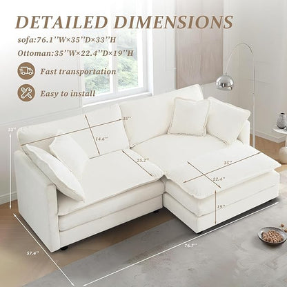 SoarFlash Chenille Sectional Sofa, Comfy L Shaped Modular Coush Sofa with Ottoman, Modern 2 Seat Couch Deep Seat Sofa Set for Living Room,White