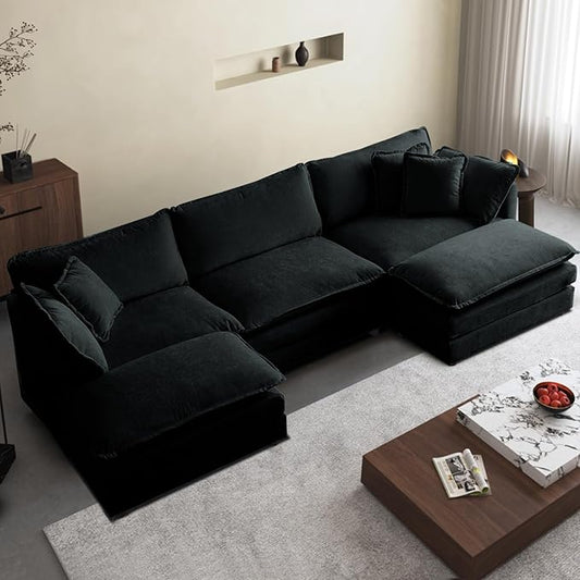 SoarFlash Chenille Sectional Sofa, Comfy L Shaped Modular Coush Sofa with Ottoman, Modern 3 Seat Couch Deep Seat Sofa Set for Living Room,Black