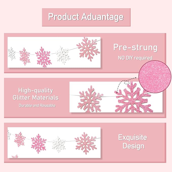 2Pack Pink Silver Snowflake Garland Winter Wonderland Decorations, Glitter Snowflake Banner for Girl Baby Shower Decorations, Birthday and Christmas Party Supplies, No DIY.