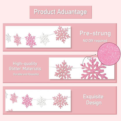 2Pack Pink Silver Snowflake Garland Winter Wonderland Decorations, Glitter Snowflake Banner for Girl Baby Shower Decorations, Birthday and Christmas Party Supplies, No DIY.