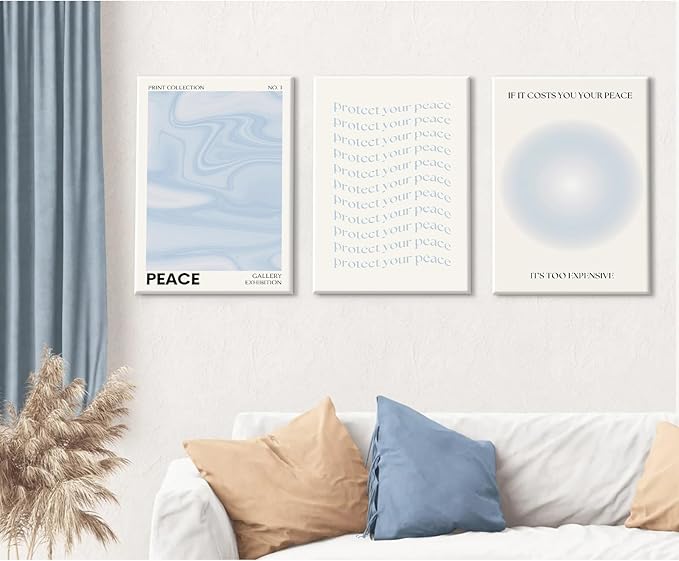 Blue Aura Wall Art Decor Retro Aesthetic Canvas Wall Art Pastel Abstract Pictures Prints Preppy Gradient Spiritual Poster Trendy Artwork Blue Painting for Room Bedroom 12x16 Inch Framed Set of 3