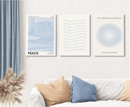 Blue Aura Wall Art Decor Retro Aesthetic Canvas Wall Art Pastel Abstract Pictures Prints Preppy Gradient Spiritual Poster Trendy Artwork Blue Painting for Room Bedroom 16x24 Inch Framed Set of 3