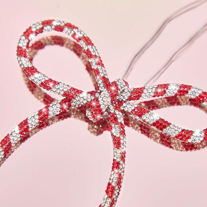 FLAIR GIFTS 6 Pcs 4.3" x 6" 2025 Christmas Bows for Tree Decor, Candy Cane Sparkly Glitter Rhinestone Bow Ornaments with Twist Tie for Xmas Decoration, Wreath, Garland, Gift Wrapping