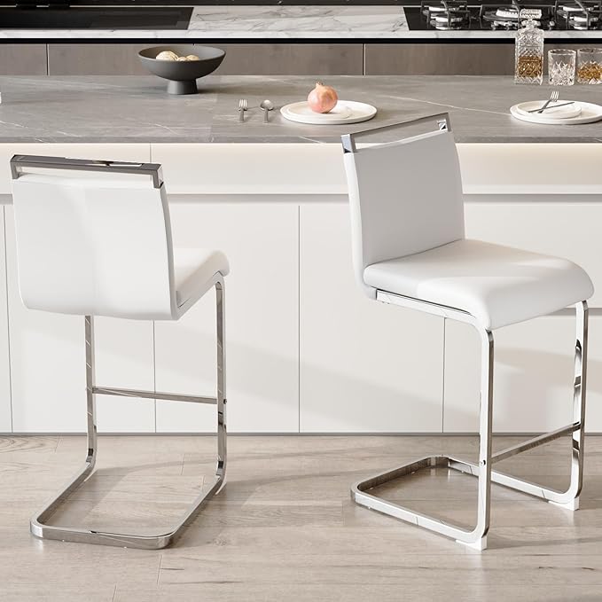 Bar Stools Set of 2,25" Counter Height Bar Stools with Footrest,White Faux Leather Kitchen Stools with Chrome Plated Metal Leg,Counter Height Bartools Ideal for Island Pub Kitchen Counter Dining Chair