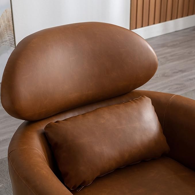 Brown Accent Chair PU Leather Upholstered Living Room Chairs Mid Century Modern Arm Chair w/Golden Legs for Bedroom/Reading/Lounge/Reception