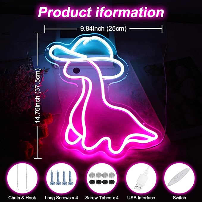 Cowboy Dinosaur Neon Sign, Dinosaur Wall Art, Personalized Gift, Kids Room Bedroom Decor, Neon Night Light