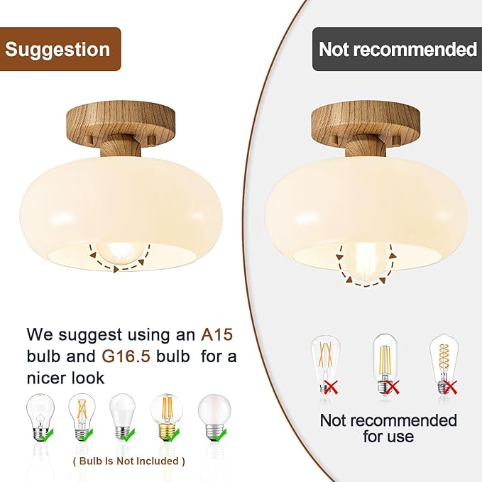 Mid-Century Modern Semi Flush Mount Ceiling Light, Faux Wood Kitchen Ceiling Light Fixture with Glass Shade, Vintage White Close to Ceiling Lamp for Entryway Hallway Bathroom (8.66 Inch)